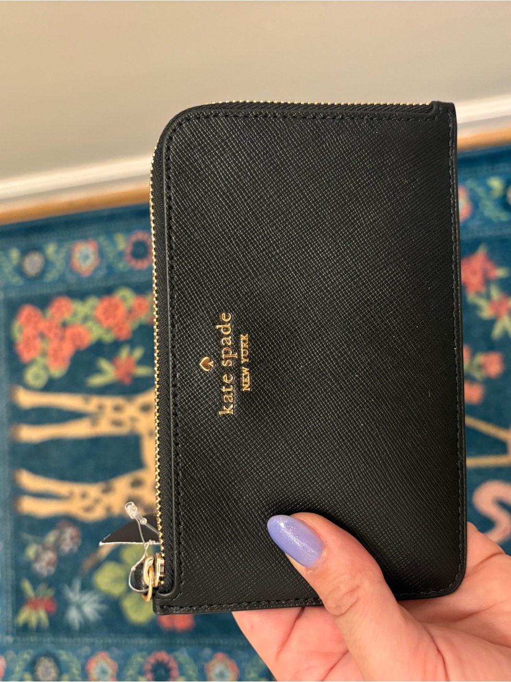 kate spade Black Saffiano Zip Card Case with Gold Logo